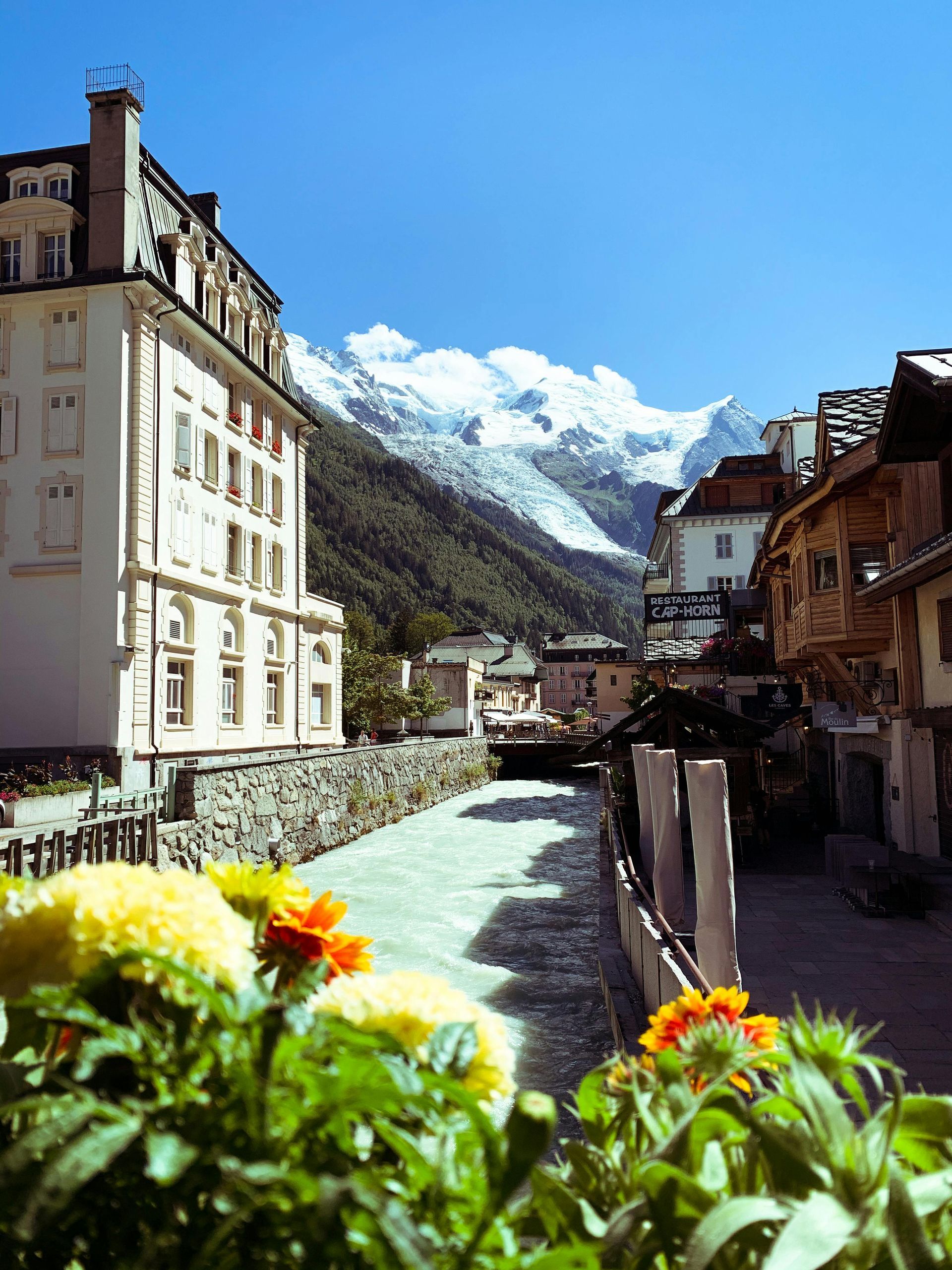 A city street with mountains in the background and flowers in the foreground