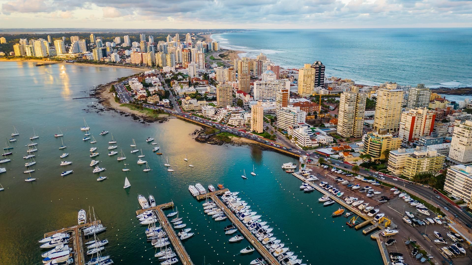 An aerial view of a marina with boats docked in the water and a city in the background.