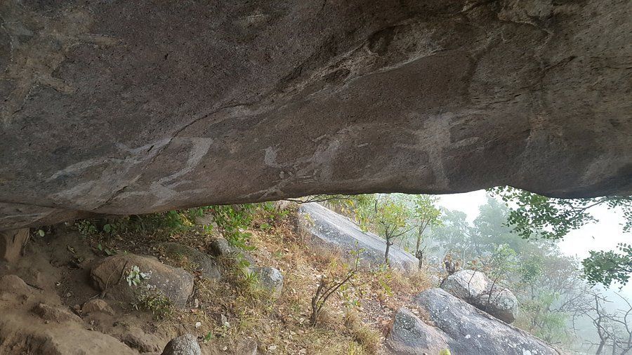 A large rock with drawings on it is sitting on top of a hill.