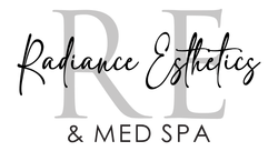 the logo for radiance esthetics and med spa is black and white .