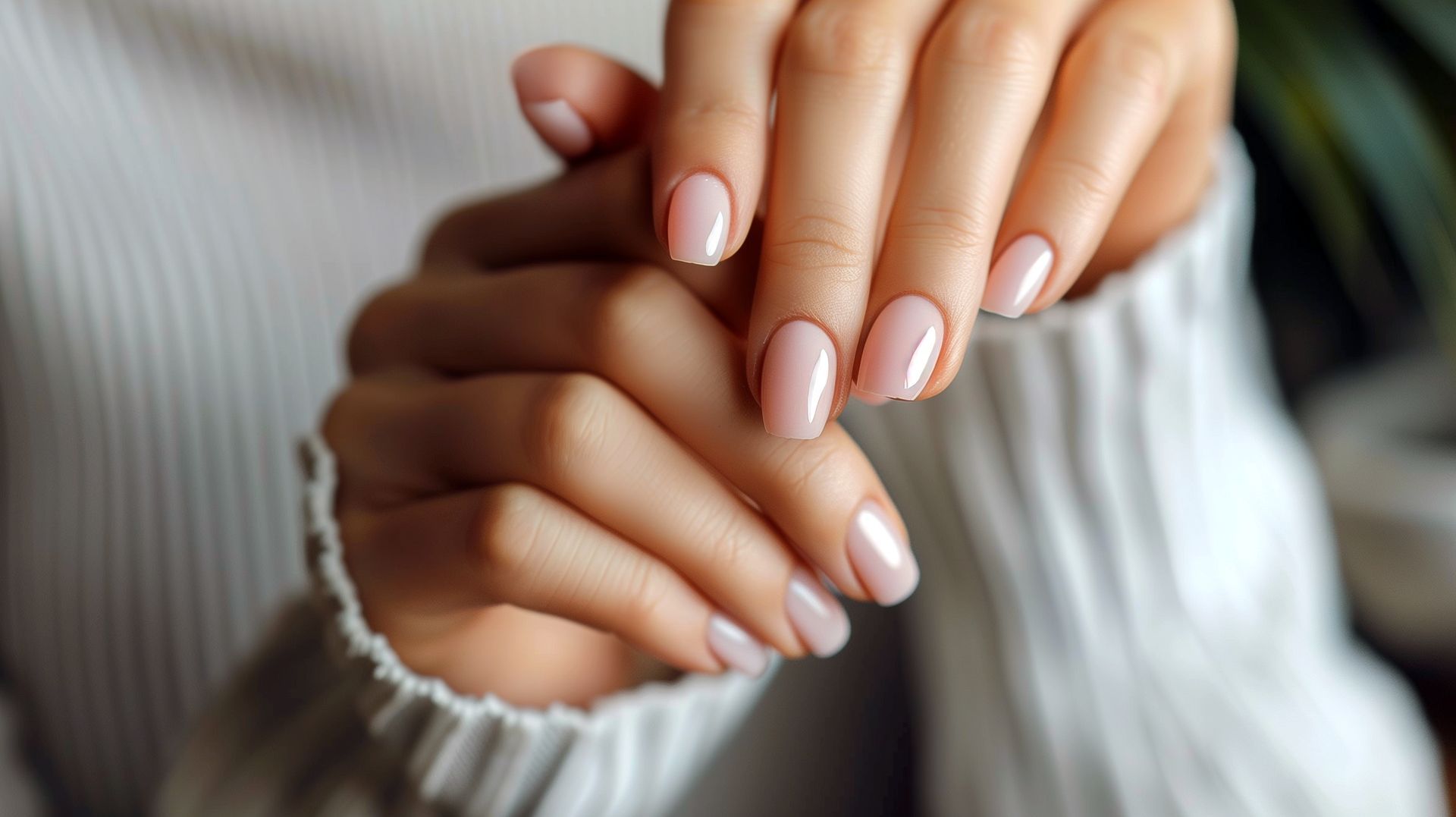 A close up of a woman 's hands with long nails and a white sweater.