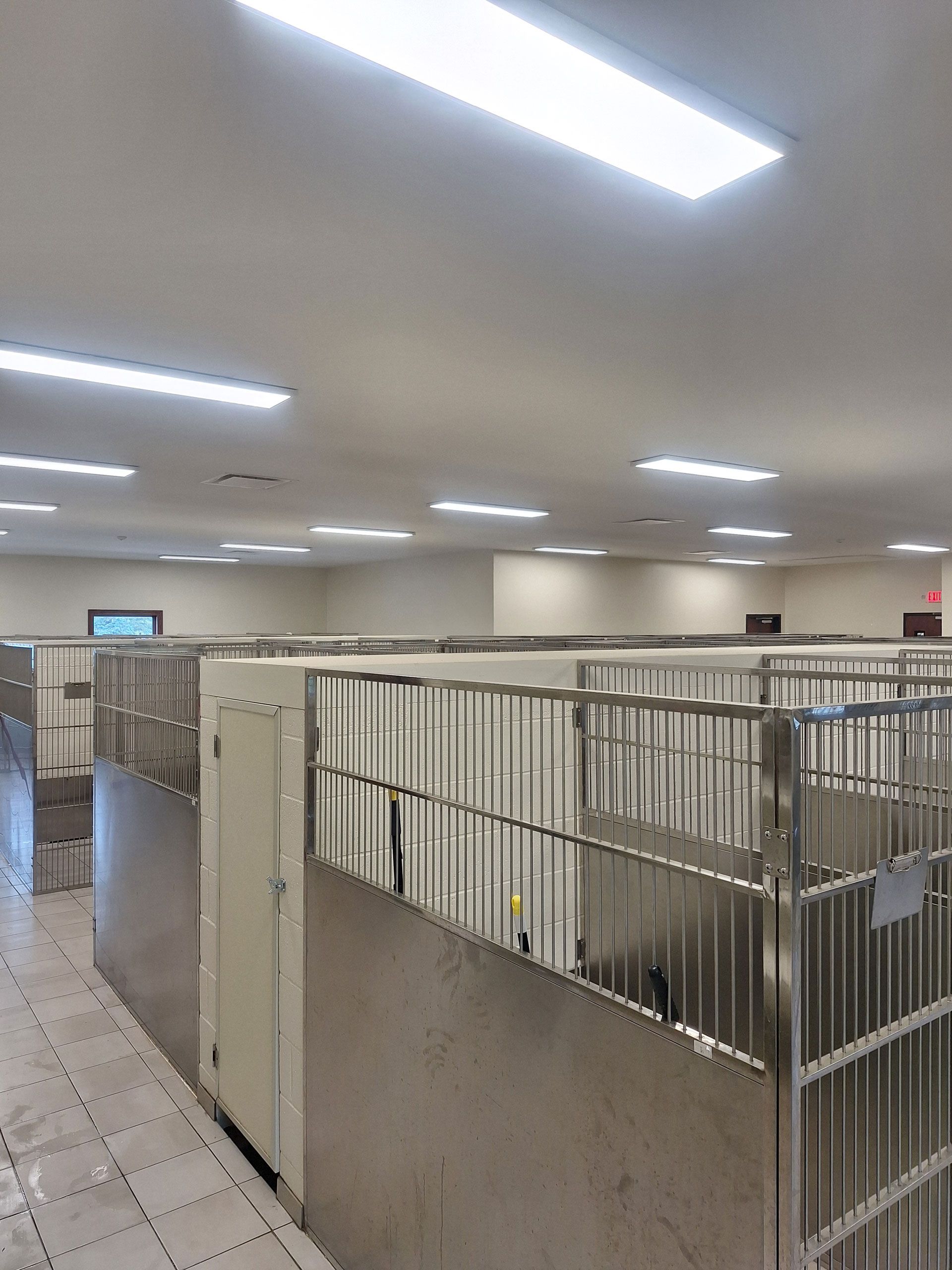 A large room with a lot of cells and a red exit sign