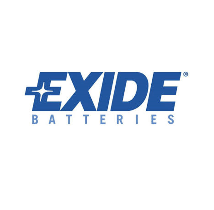 Il logo delle batterie Exide è blu e bianco su sfondo bianco.