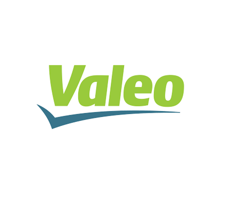 Un logo verde e blu per Valeo su uno sfondo bianco.