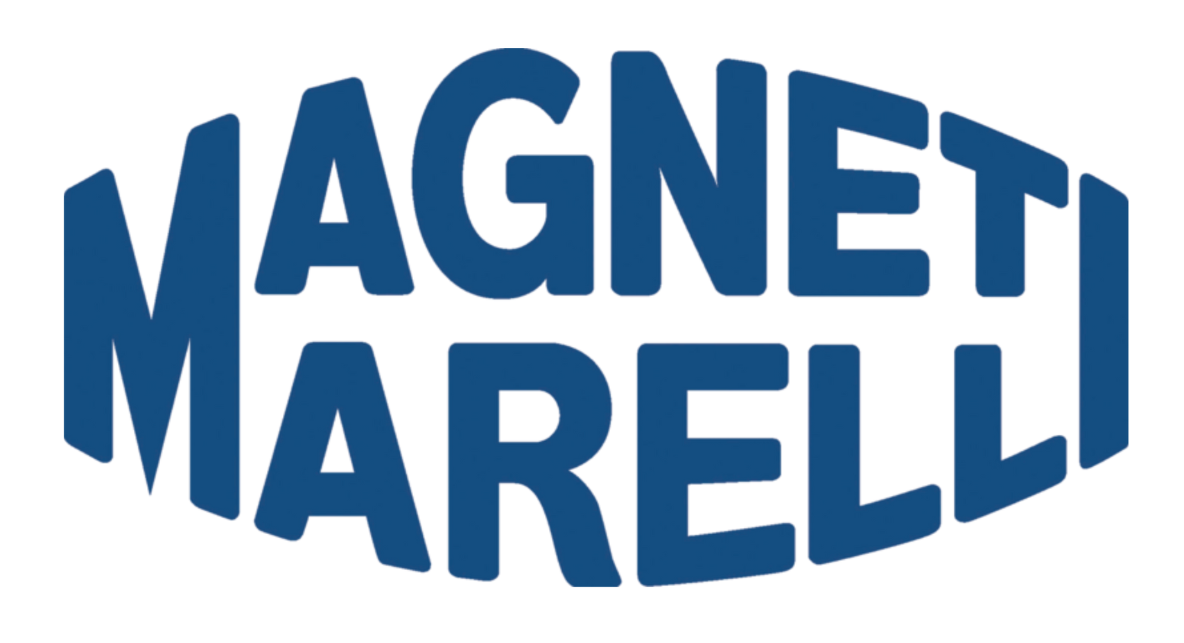 Il logo della magneti marelli è blu e bianco su sfondo bianco.