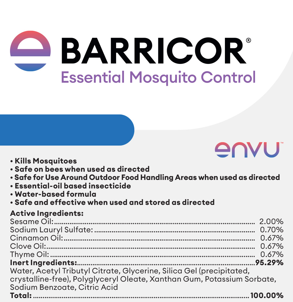 Barricor mosquito control label with purple logo, blue bar, and product ingredients text