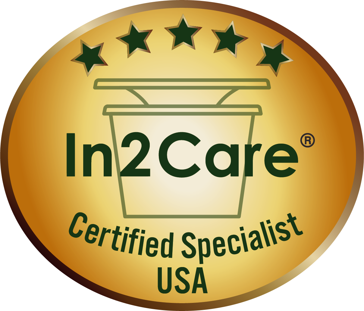 Gold oval In2Care Certified Specialist USA badge with green stars and a bucket icon