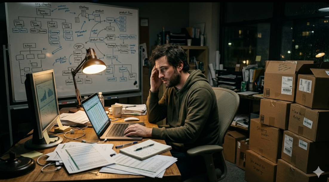 A person with a beard at a desk with a computer and papers, looking stressed with a whiteboard and shipping boxes nearby.