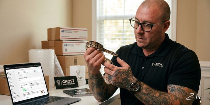 A person with tattoos holds a small snake in a brightly lit office, with shipping boxes and a laptop on the desk nearby.