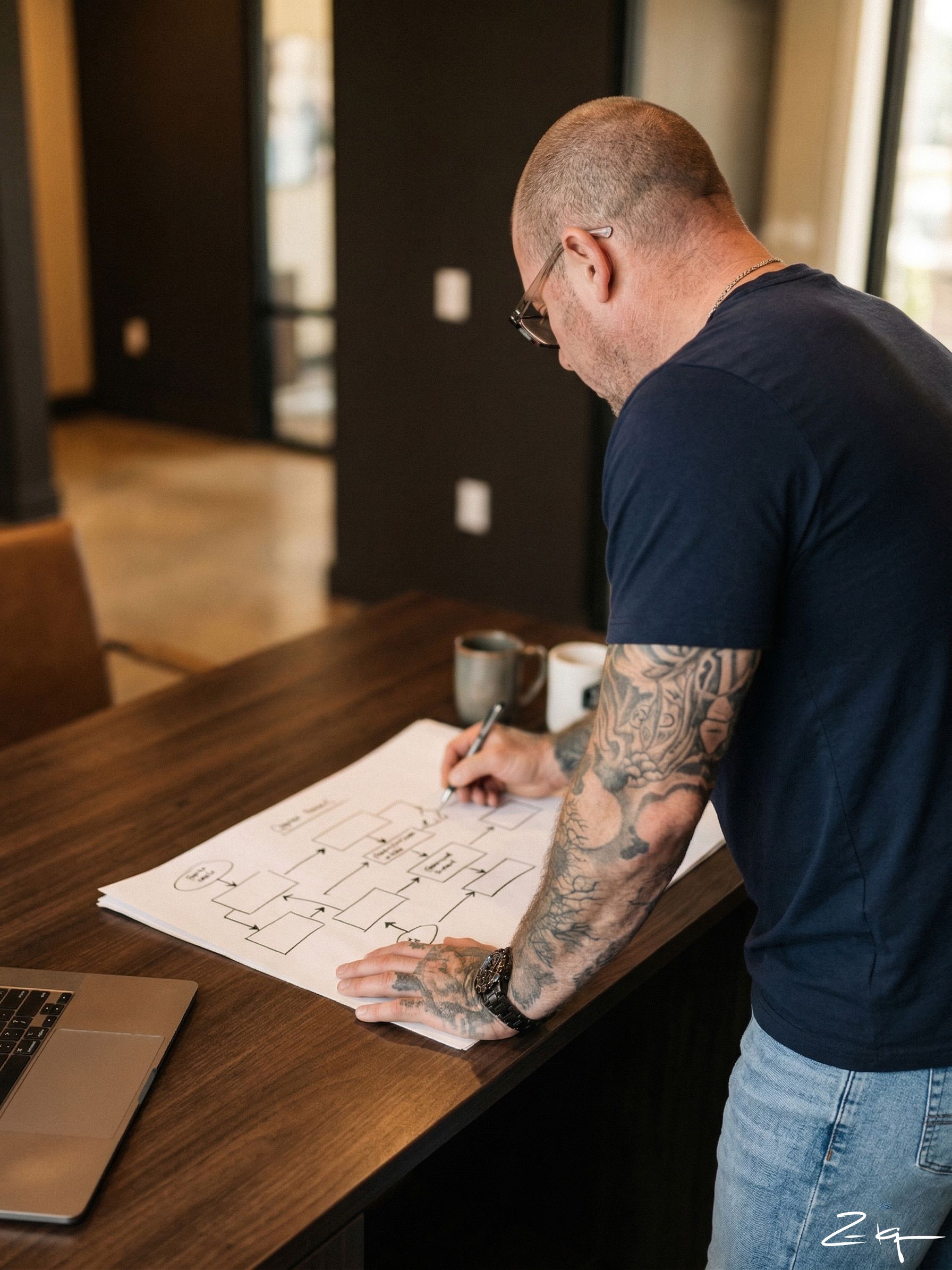 A person with tattooed arms stands at a table, sketching a diagram on paper next to a laptop and two mugs.