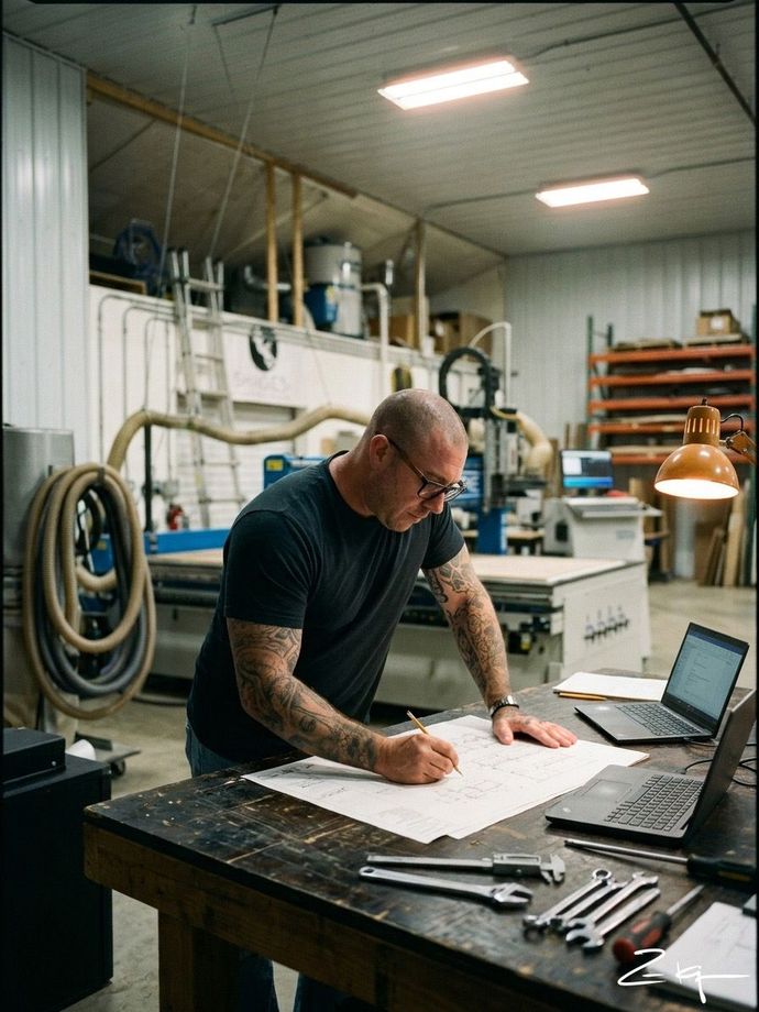 A person with tattoos writes on a blueprint at a workbench in a woodworking shop with tools and laptops nearby.