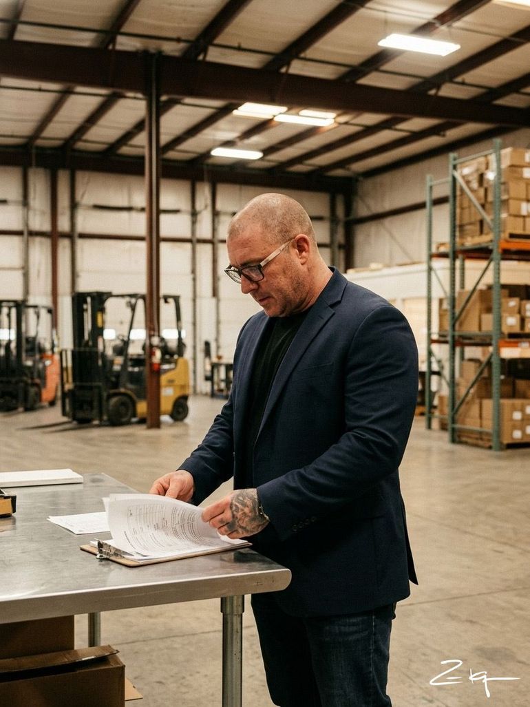 A person with tattoos working in a workshop, drafting on paper at a desk with tools and laptops.