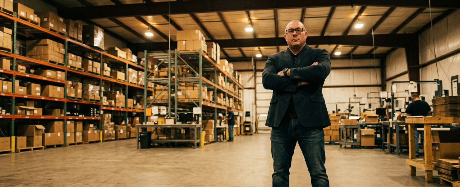 A person standing with arms crossed in a large warehouse filled with metal storage shelves holding boxes.