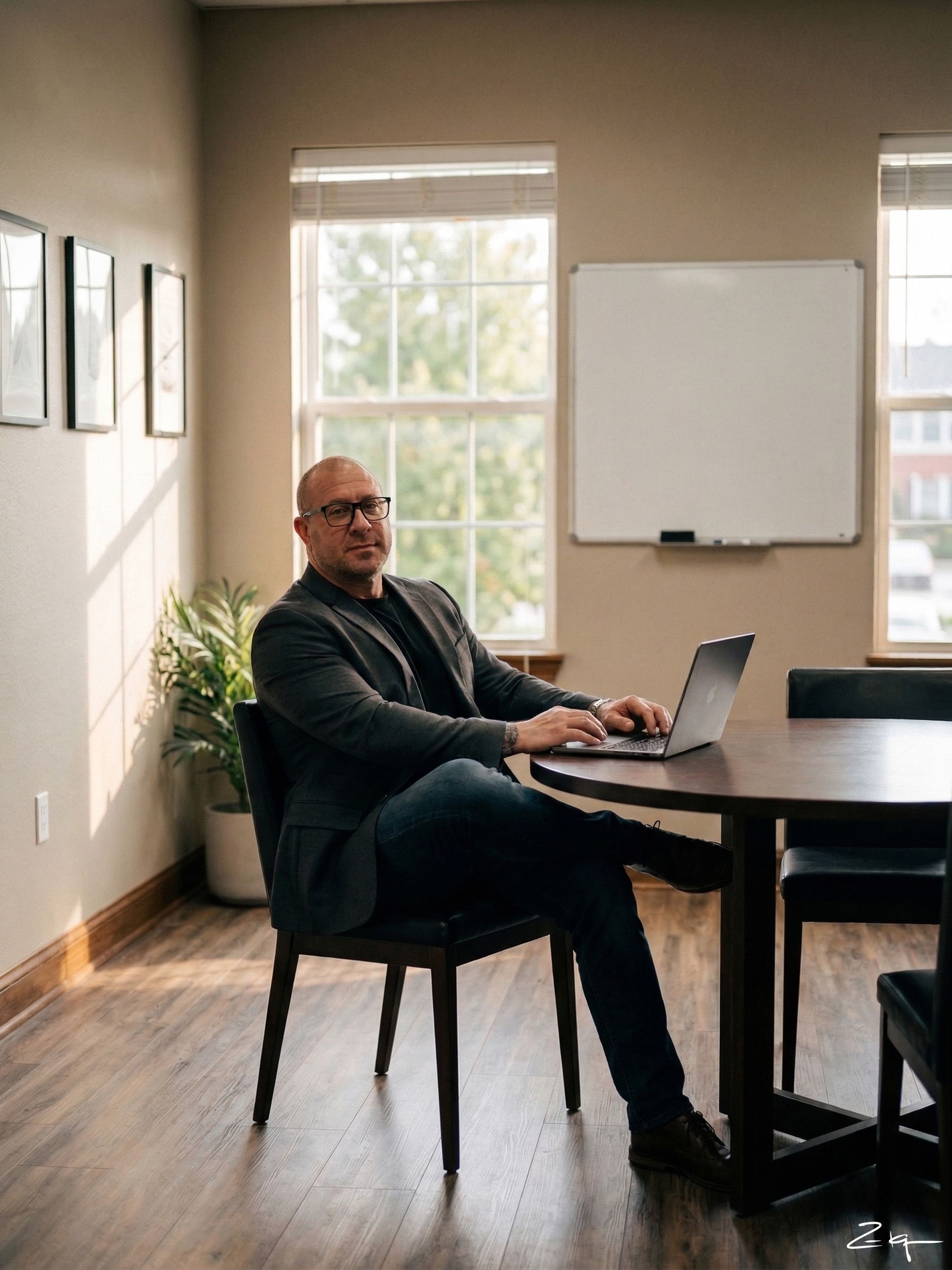A person in a blazer sits at a table in a bright office, typing on a laptop with a blank whiteboard on the wall behind.