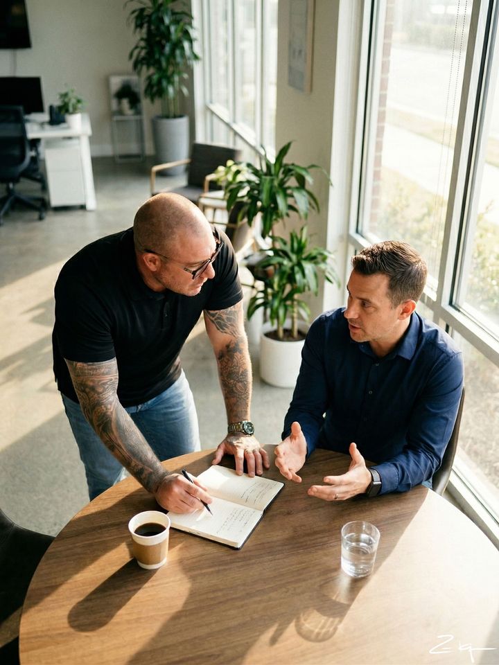 Two colleagues in a sunlit office collaborate at a round table, discussing notes in an open notebook.