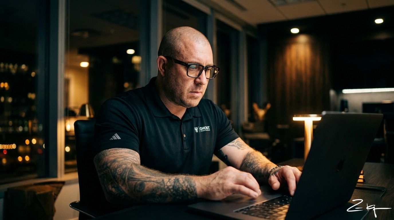 A tattooed person with glasses types on a laptop at a desk in a dimly lit, modern office with floor-to-ceiling windows.
