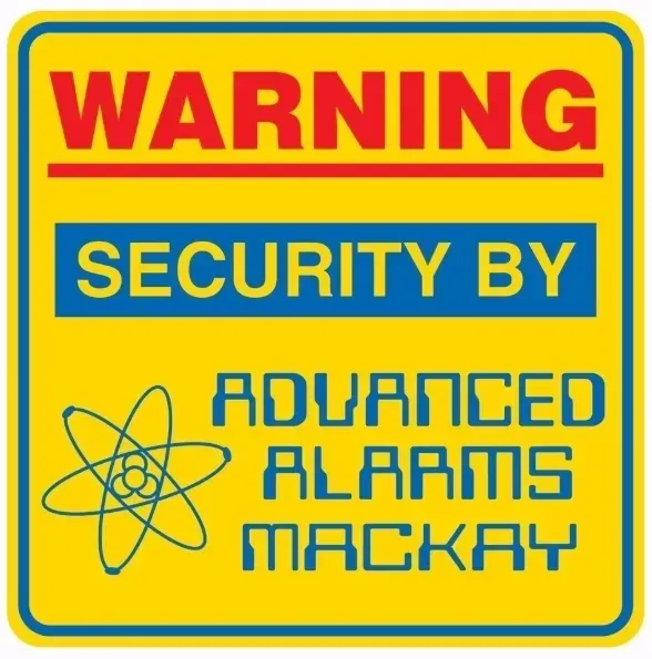 Warning sign: Security by Advanced Alarms Mackay. Yellow, blue, and red colors. Atom symbol — Advanced Alarms Mackay Pty Ltd In South Mackay, QLD