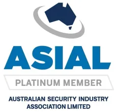 A logo for asial platinum member australian security industry association limited A Security Camera is Mounted on The Side of a Building - Advanced Alarms Mackay Pty Ltd In South Mackay, QLD
