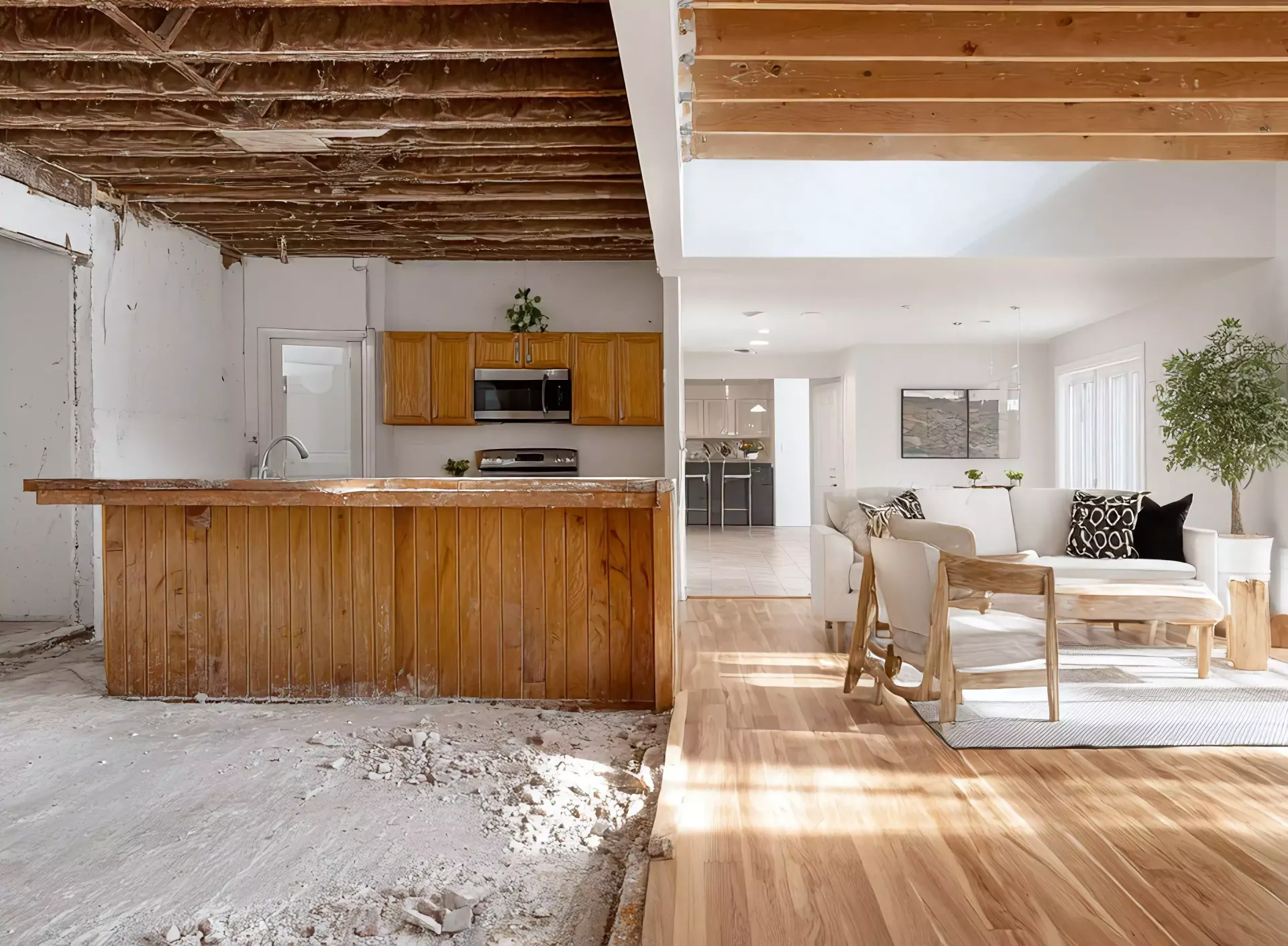 Before and after renovation split. Half distressed demo, half bright modern living space. Demonstrates transformation, improvement, progress design.