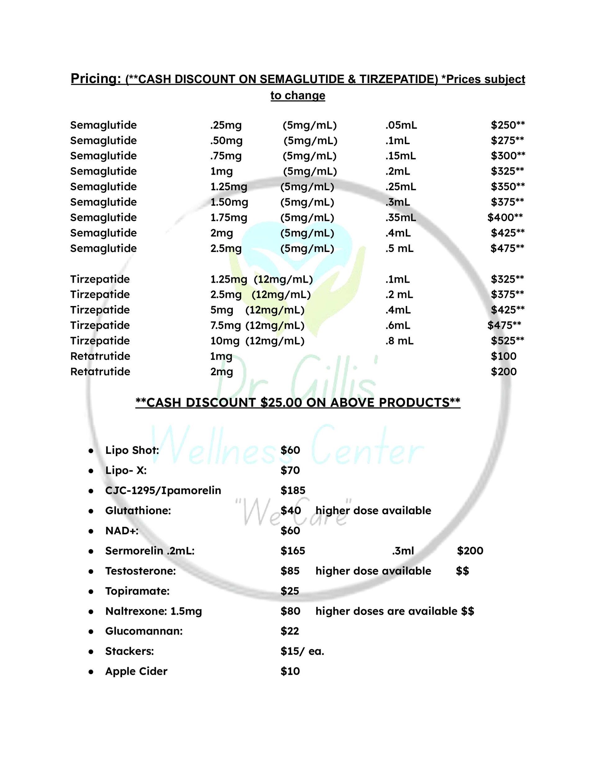 Price list for a wellness center, showing various service prices.