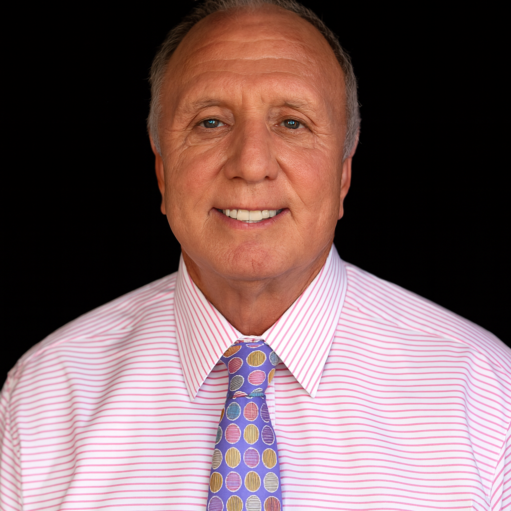 Man in light blue checkered shirt smiling, leaning against a building.