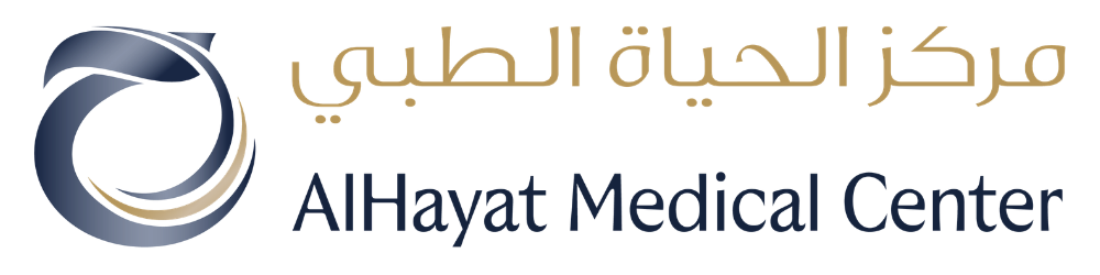 AlHayat Medical Center logo with Arabic and English text in blue and gold