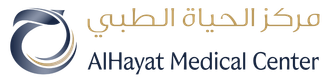 AlHayat Medical Center logo with blue circular emblem and Arabic and English text