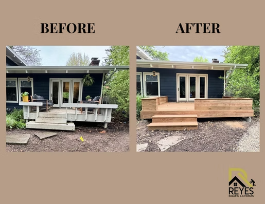 A before and after picture of a house with a wooden deck.