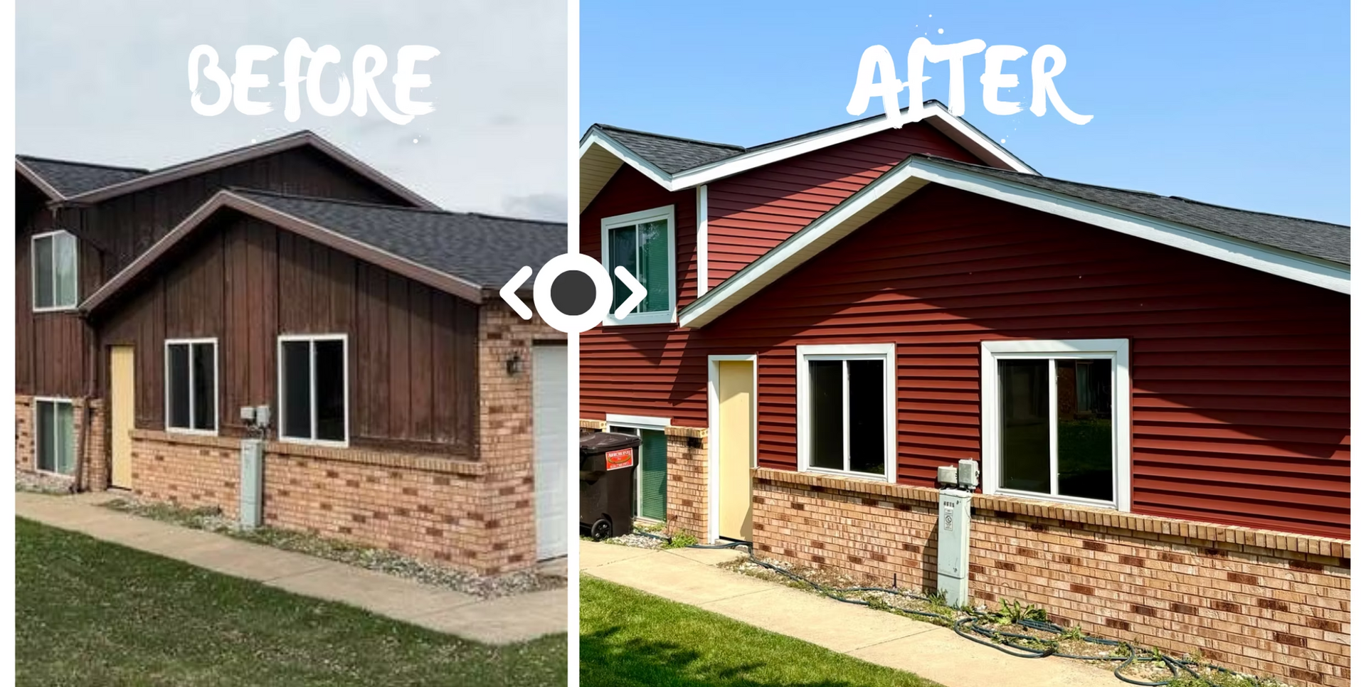 A before and after picture of a house with red siding.