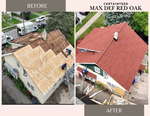 A before and after photo of a house with a red roof
