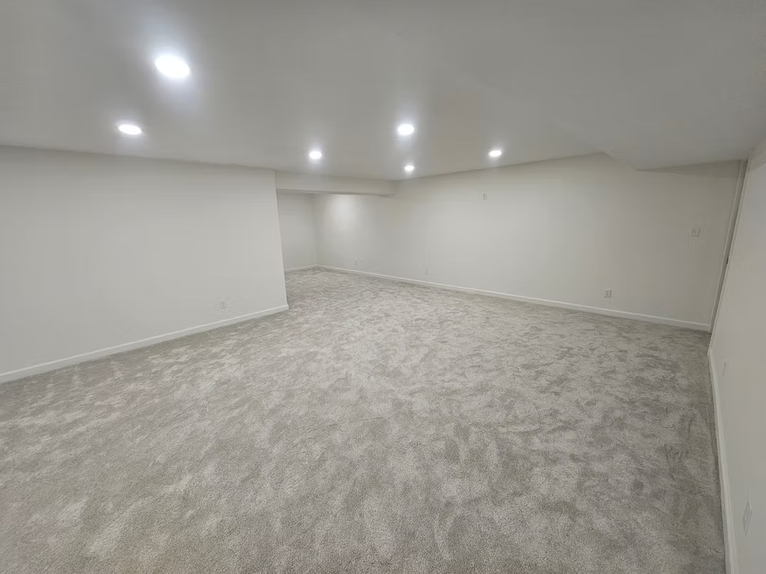 An empty basement with a carpeted floor and white walls.
