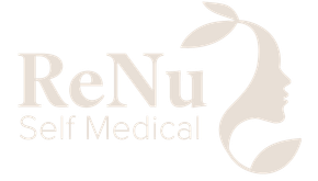 ReNu Self Medical logo: text and silhouette of a face with two leaves, in light beige.