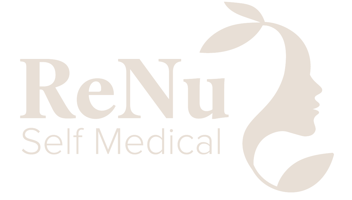ReNu Self Medical logo: text and silhouette of a face with two leaves, in light beige.