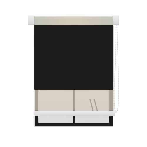 A black roller blind is hanging on a window.