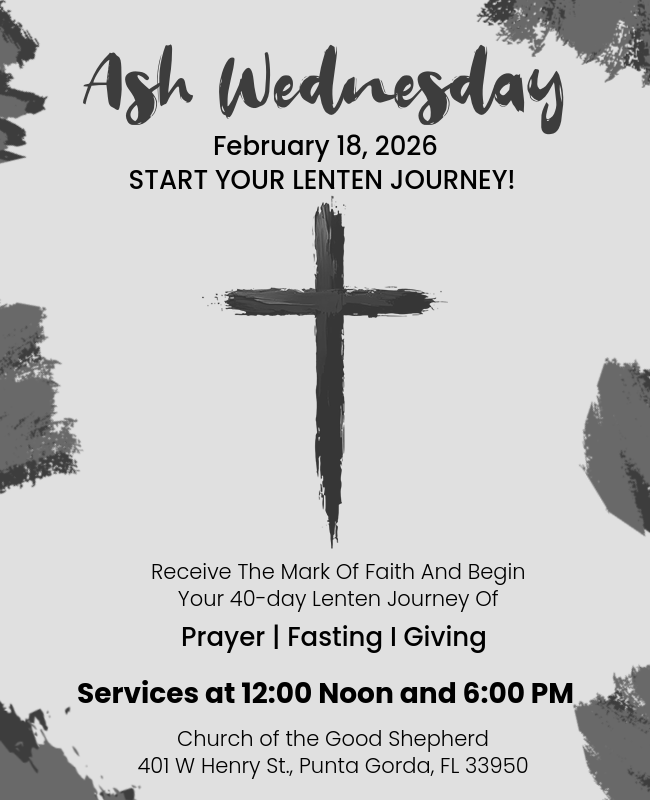 Ash Wednesday announcement: Church service on Feb 18, 2026, at 12:00 PM and 6:00 PM. Includes a cross and text.