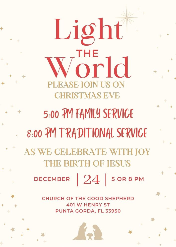 Christmas Eve service flyer for Church of the Good Shepherd, inviting people to