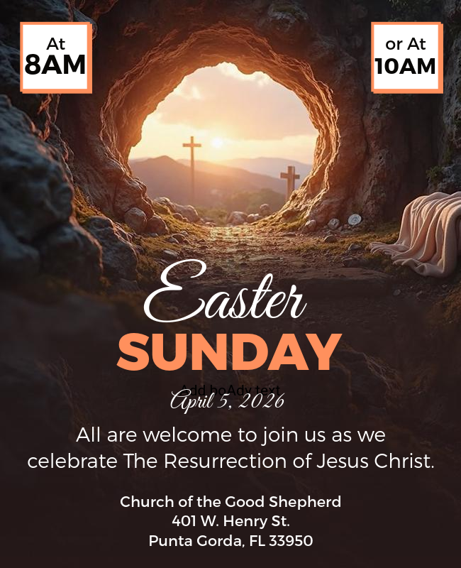 Easter Sunday service flyer at Church of the Good Shepherd, Punta Gorda, FL, April 5, 2026, at 8AM or 10AM.