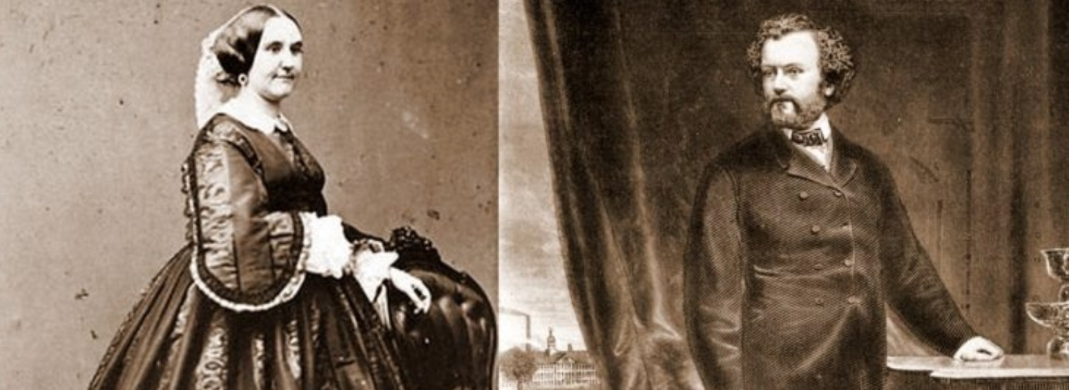 A black and white photo of a woman and a man