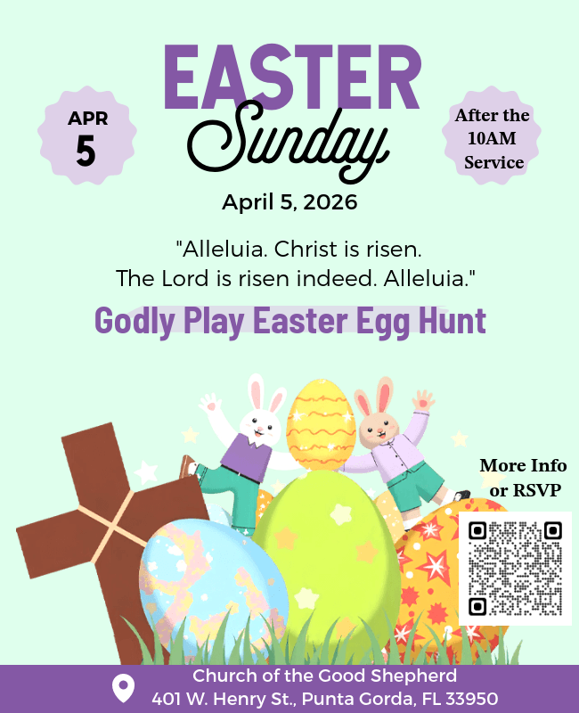 Easter Sunday event flyer: April 5, 2026, featuring an Easter egg hunt after the 10AM service at Church of the Good Shepherd.