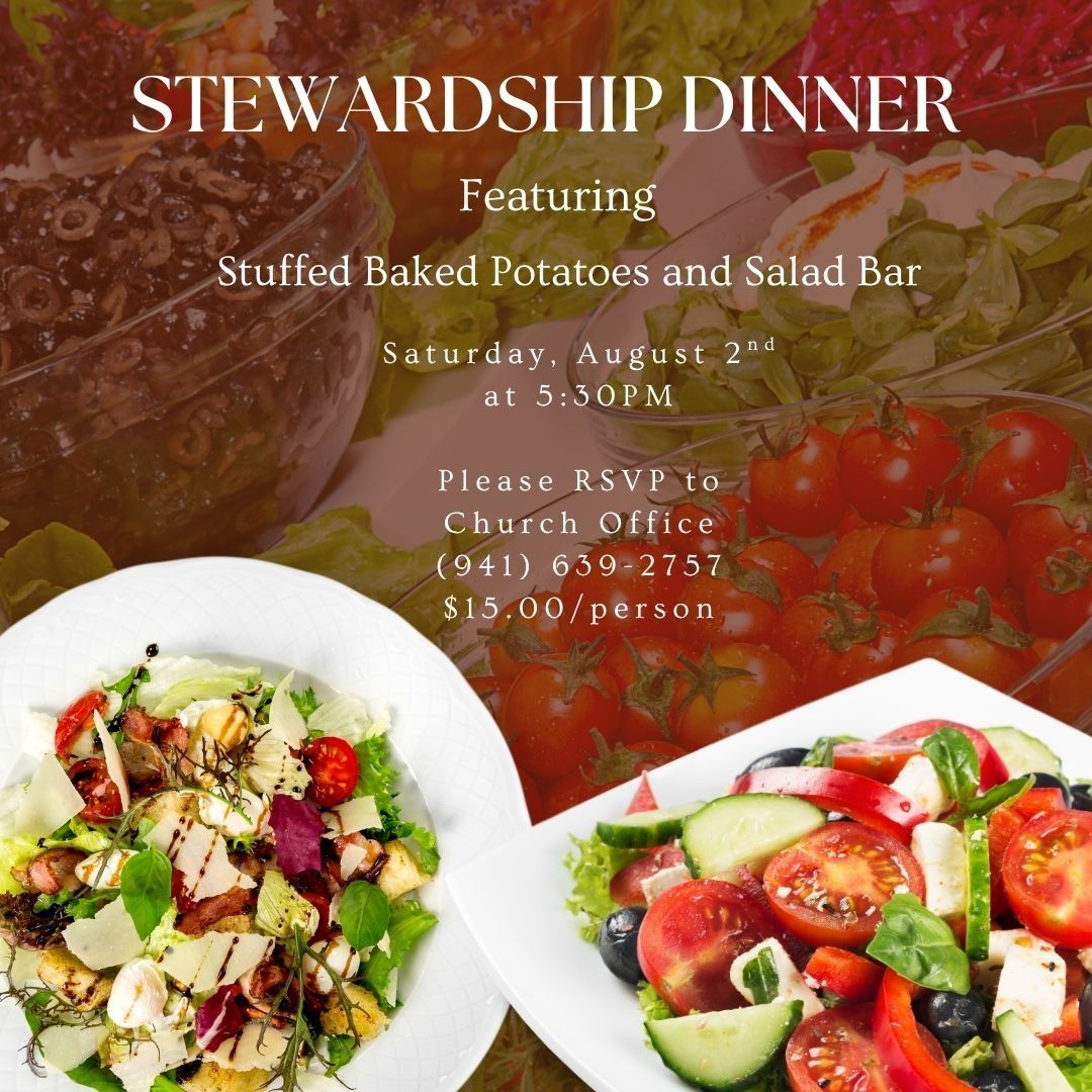 An advertisement for a stewardship dinner featuring stuffed baked potatoes and salad bar