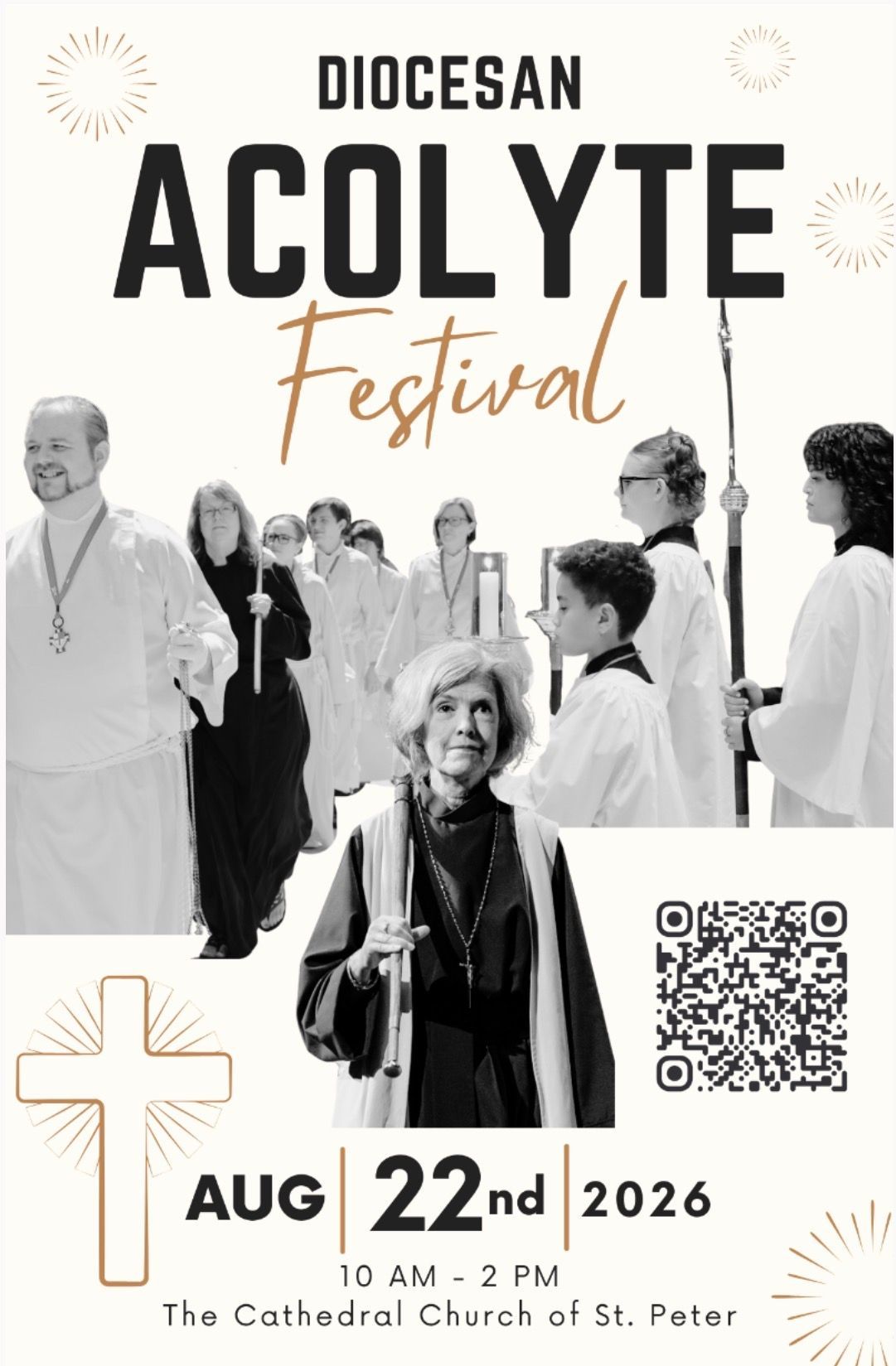 Diocesan Acolyte Festival poster with clergy photos, cross, QR code, and event date Aug 22, 2026