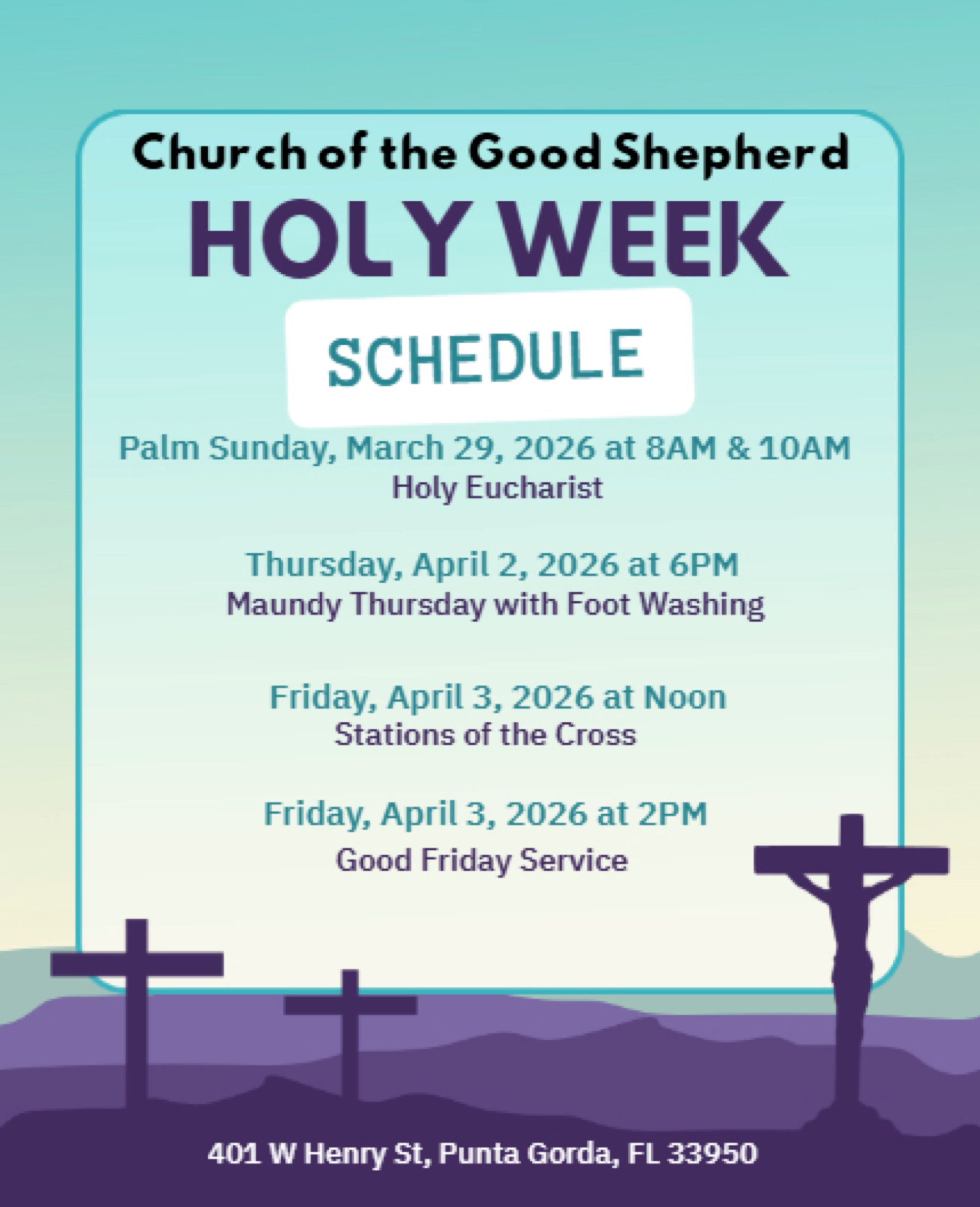Holy Week schedule for Church of the Good Shepherd in Punta Gorda, FL, listing services from March 29 to April 3, 2026.