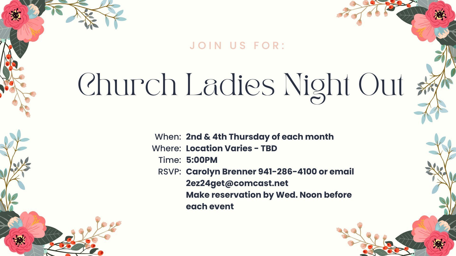 A church ladies night out invitation with a floral frame.