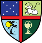 A red white and blue cross on a white shield