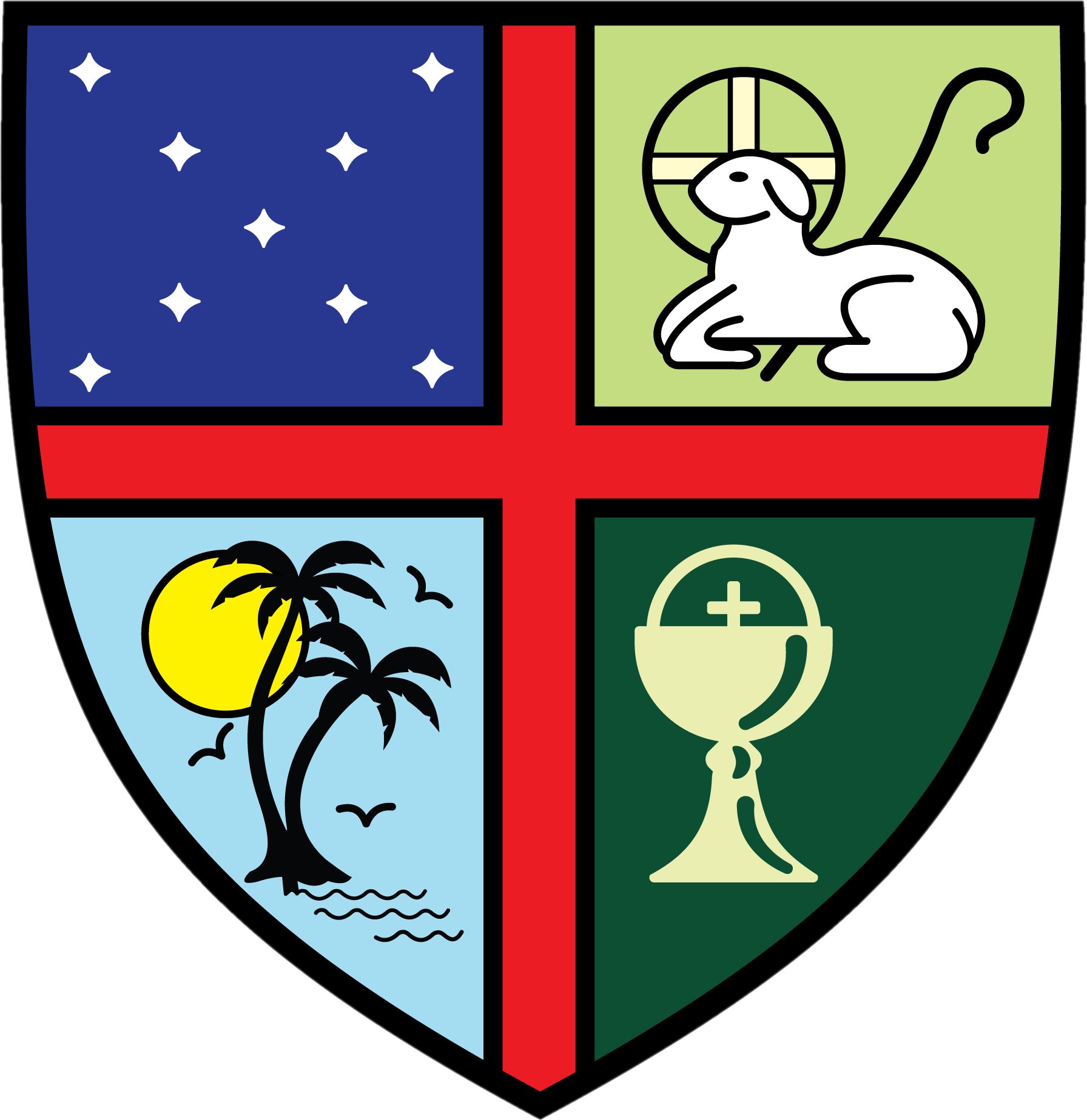 A red white and blue cross on a white shield