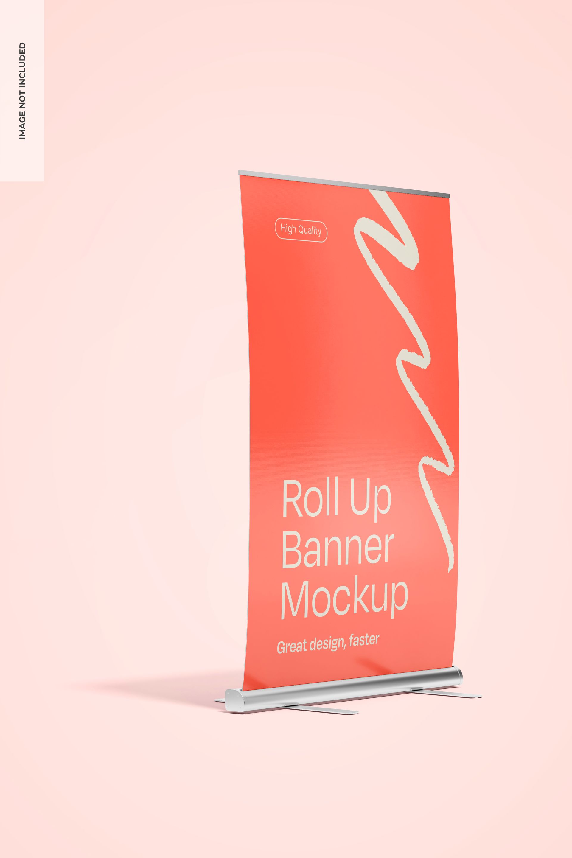 Un banner enrollable de color coral con un dibujo abstracto de líneas blancas sobre un fondo claro a juego.