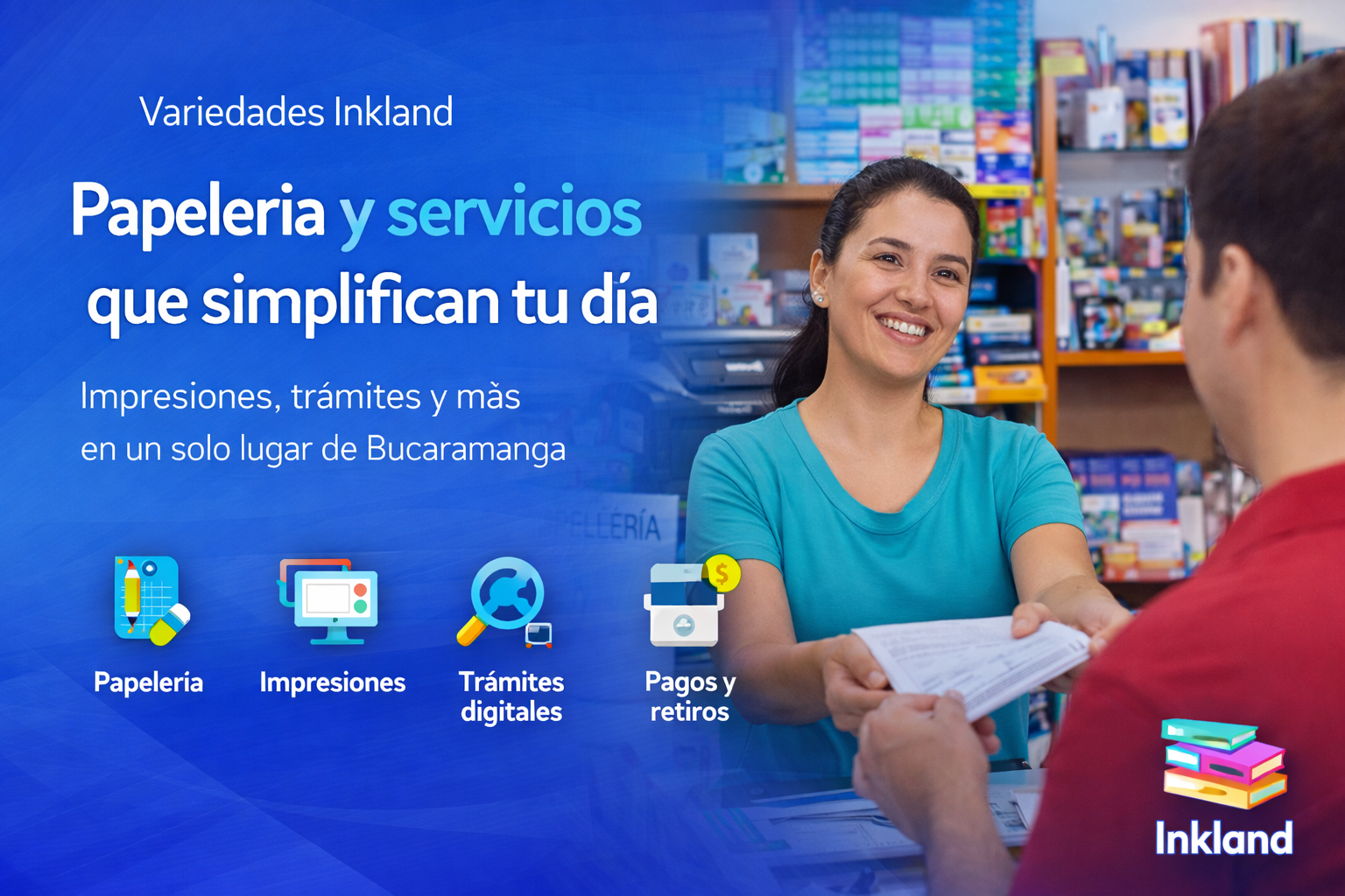 Un dependiente sonriente entrega un documento a un cliente en una papelería. Incluye iconos de servicio y texto para Inkland.