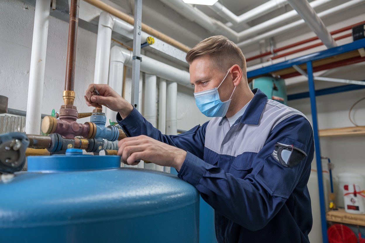 A man wearing a mask is working on a water tank.