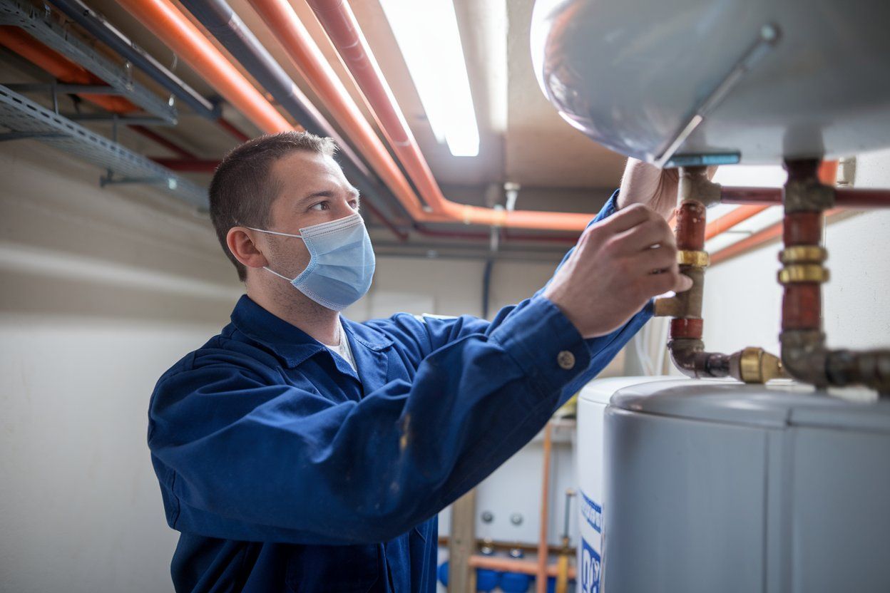 A man wearing a mask is working on a water heater.