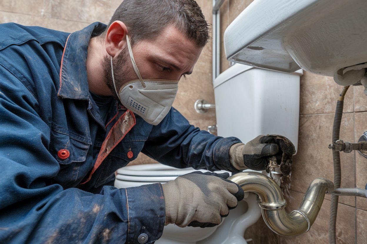 A man wearing a mask is fixing a pipe in a bathroom.